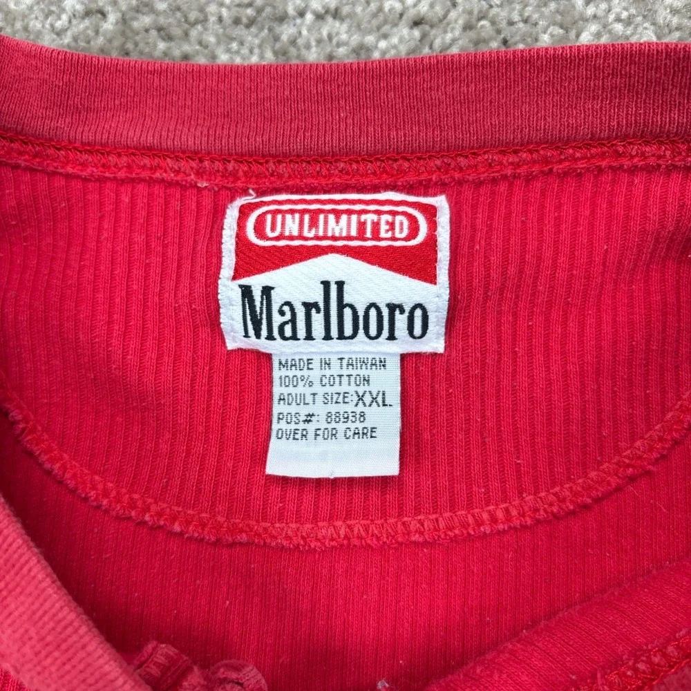 Vintage 90s Marlboro Unlimited Red Waffle Knit Long Sleeve Henley Shirt XXL‎
